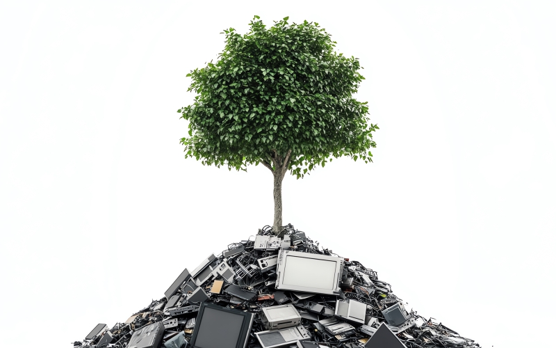 Een jonge boom groeit bovenop een stapel afgedankte hardware, als symbool voor de duurzame ITAD-aanpak van Aronto waarbij oude apparatuur verantwoord wordt verwerkt en hergebruikt.